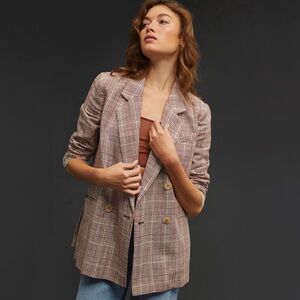 anthropologie  maeve oversized double breasted plaid blazer in brown, size 14
